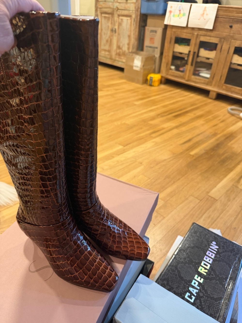 Brown Croc-Embossed Knee-High Boots (62)